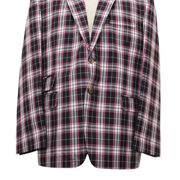 Mens 48R Pink Black Plaid Check Cotton Blazer Sport Coat Preppy Party Statement - Picture 5 of 8